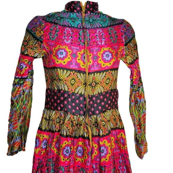 Vintage 60s Maxi Dress Womens Size S Neon Floral Paisley Groovy Hippie Boho - Picture 10 of 13